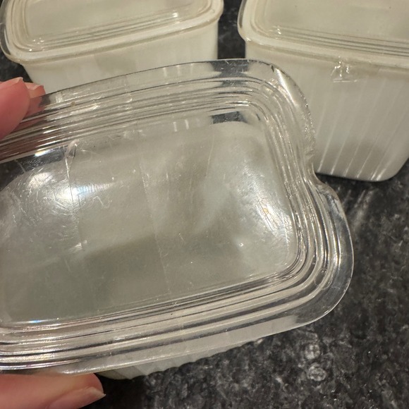 Vintage Hazel Atlas Milk Glass Refrigerator Dishes 1940-50s Plastic Lid Set of 3 - Picture 7 of 7